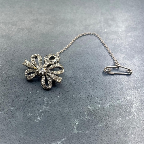 42 - Early Victorian diamond bow brooch, with oval drop, the central old stone .20ct approx, 22 x 22mm, 3... 