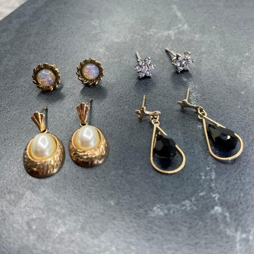 60 - Pair of 9ct gold and cabochon paste imitation opal stud earrings, with pair of platinum and cubic zi... 