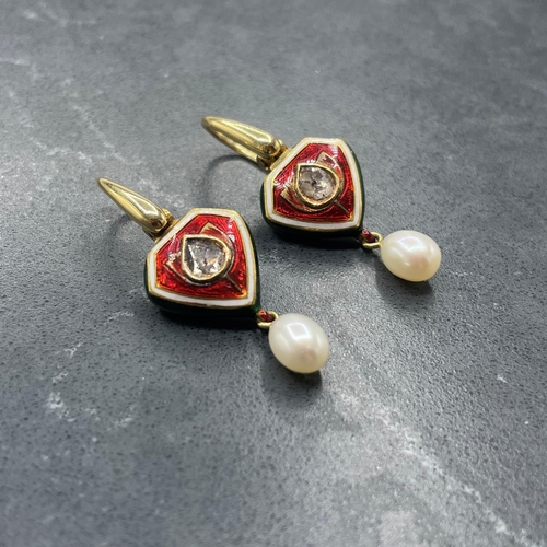 64 - Good pair of Indian high ct gold, enamel and diamond earrings with pearl drops,  0.50ct diamonds, pr... 