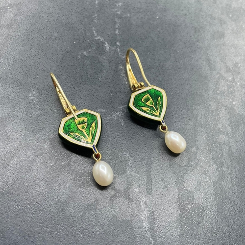 64 - Good pair of Indian high ct gold, enamel and diamond earrings with pearl drops,  0.50ct diamonds, pr... 