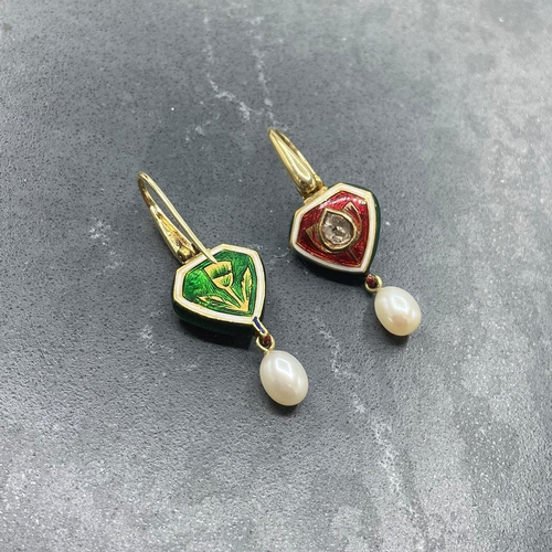 64 - Good pair of Indian high ct gold, enamel and diamond earrings with pearl drops,  0.50ct diamonds, pr... 