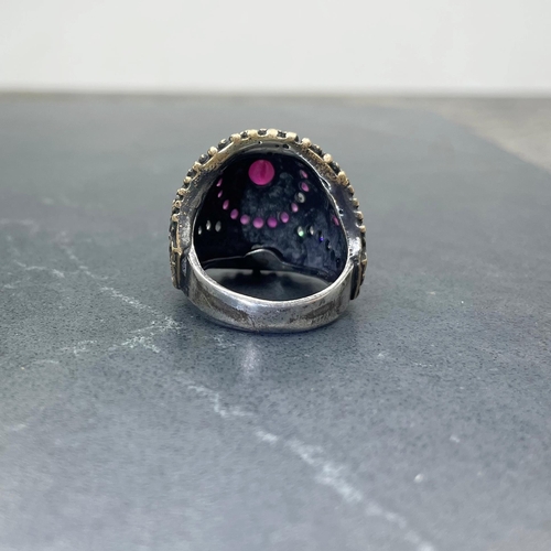 47 - Eccentric Indian silver, red and colourless paste cocktail type ring, central ruby 1ct approx, size ... 
