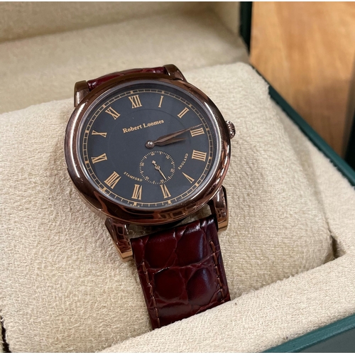 18 - Rare Robert Loomes Automatic copper plated dress watch, 40mm case, black dial with Roman numerals an... 