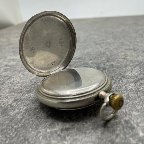 9 - Omega silver pocket watch, 5.5cm case, enamel dial with Arabic numerals and subsidiary second dial, ... 