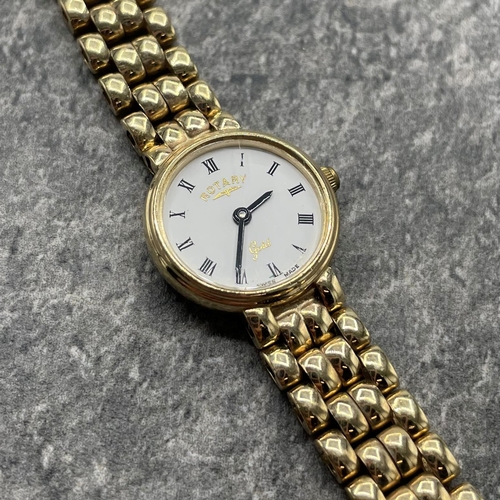 7 - Rotary ladies 9ct round integral bracelet watch, 19mm case, white dial with Roman numerals, quartz, ... 