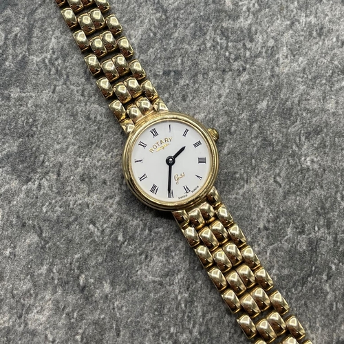 7 - Rotary ladies 9ct round integral bracelet watch, 19mm case, white dial with Roman numerals, quartz, ... 