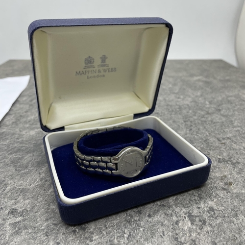 21 - Mappin & Webb stainless steel ladies quartz watch, 22mm case, grey dial with silvered markers, jubil... 