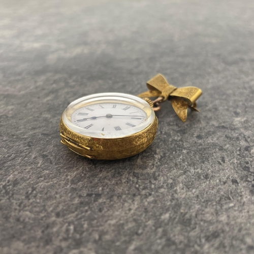 25 - 18k Swiss fob watch, 33mm case, enamel dial, with 18k bow brooch with 9ct bail, 29.3g gross