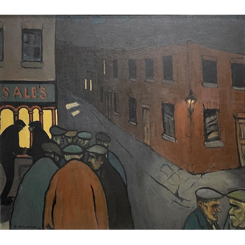 535 - Tom McGuinness (1926-2006) - Northern night street scene of men in flat caps congregating outside th...