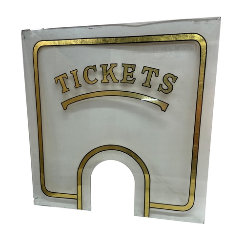 Glass ticket booth front panel with gilt lettering and tracery, 60 x ...