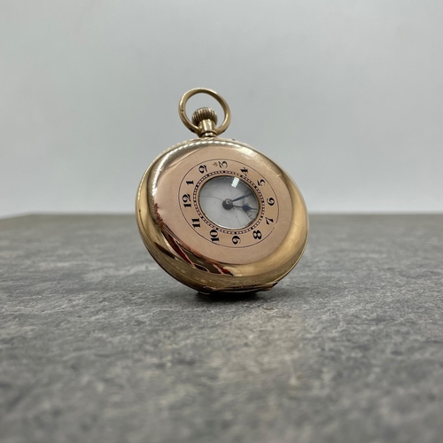 8 - Early 20th century 9ct half hunter cased keyless/top wind pocket watch. Unsigned Swiss movement 50mm... 