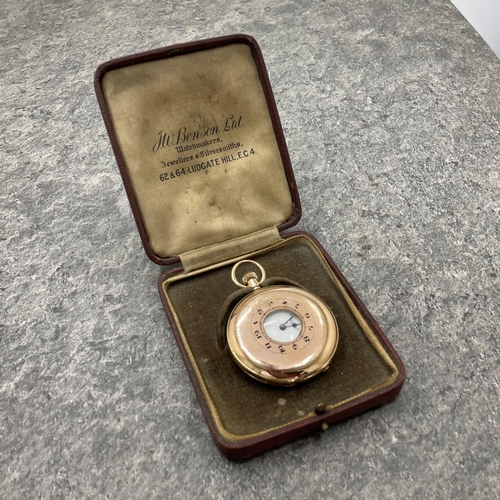 8 - Early 20th century 9ct half hunter cased keyless/top wind pocket watch. Unsigned Swiss movement 50mm... 
