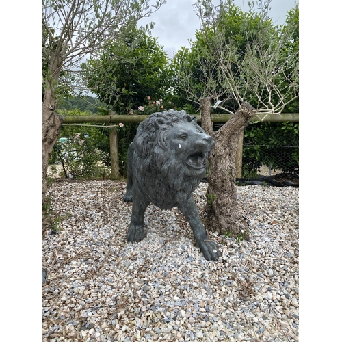 1 - Exceptional opposing pair of cast bronze standing roaring lions with well cast teeth, mane and tail,... 