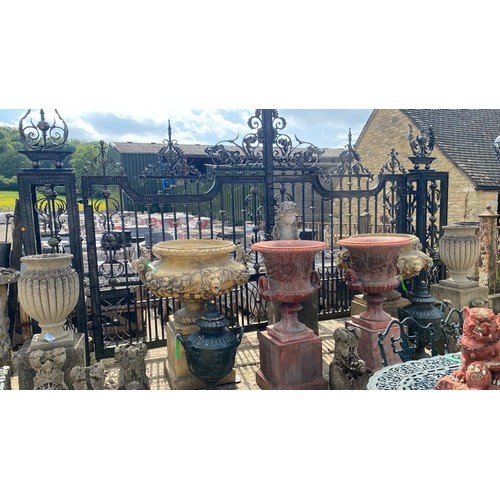 495 - Massive and impressive pair of wrought iron estate gates and posts, 285cm x 500cm the gates themselv...