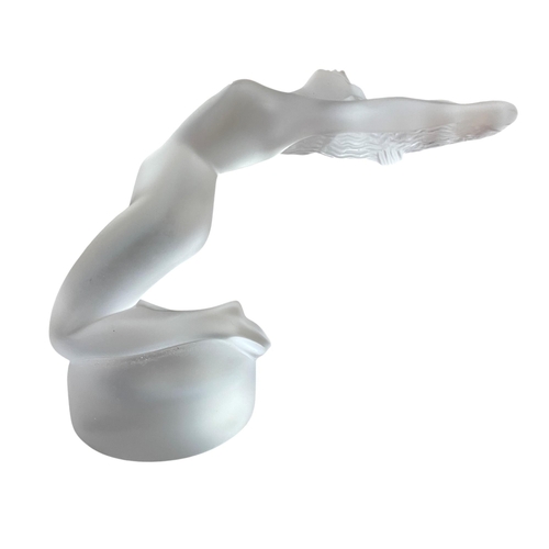 32 - Exceptional Lalique Chrysis frosted glass car mascot of leaning nude women, signed to base, H 12cm x... 