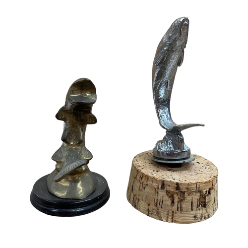 17 - Car mascot - Leaping salmon, cast chromed metal, 12cm high with a further brass fish on wooden plint... 