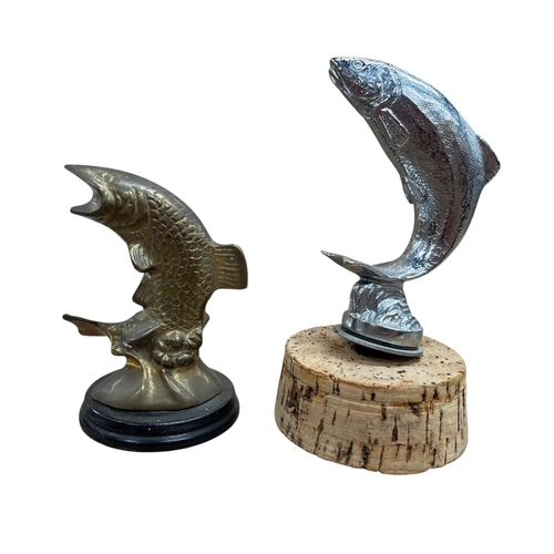 17 - Car mascot - Leaping salmon, cast chromed metal, 12cm high with a further brass fish on wooden plint... 