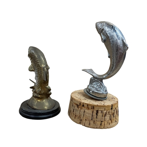17 - Car mascot - Leaping salmon, cast chromed metal, 12cm high with a further brass fish on wooden plint... 