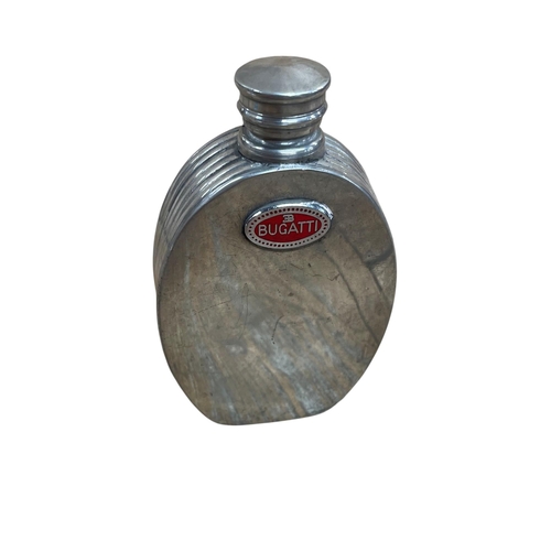 25 - Bugatti branded pewter flask, loosely in the form of a radiator, 11cm high