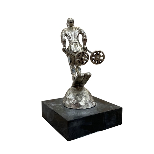 11 - Car mascot - The Riley Skier, chromed cast metal, plastic plinth with inscription, 9.5cm in total