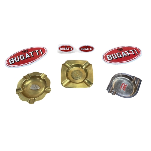 28 - Quantity of vintage Bugatti collectables to include three ashtrays, two enamel signs and two place s... 