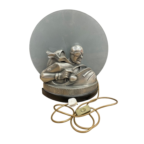 46 - Heavy Art Deco style Grand Prix D'Europe Monaco table lamp, H 23cm x W 29cm