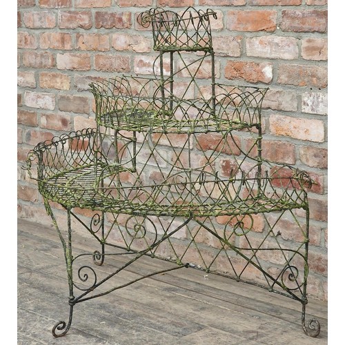 28 - Victorian wirework demi lune three tiered plant stand with scrolled detail, H 100cm x W 106cm x D 60... 