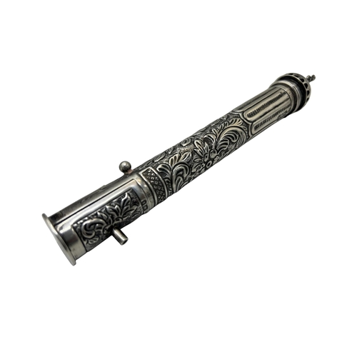 259 - An interesting silver item believed to be a Mezuzah case, the hinged top mounted by a figure and fur... 
