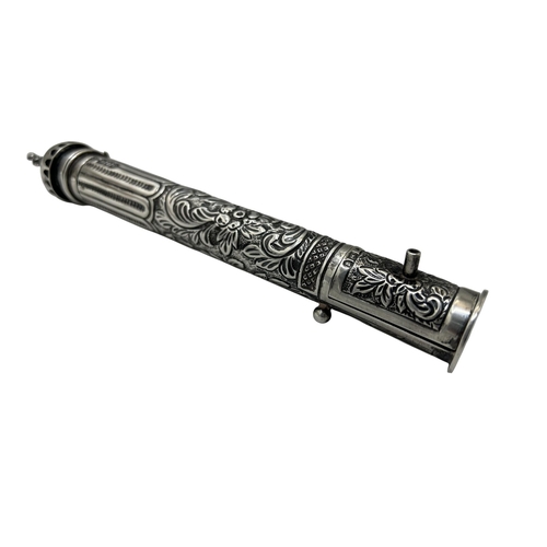 259 - An interesting silver item believed to be a Mezuzah case, the hinged top mounted by a figure and fur... 
