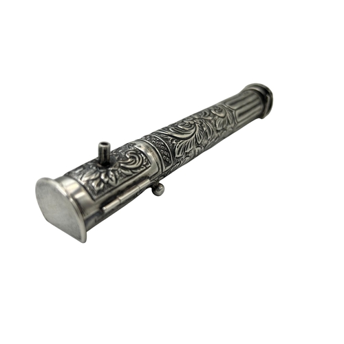 259 - An interesting silver item believed to be a Mezuzah case, the hinged top mounted by a figure and fur... 