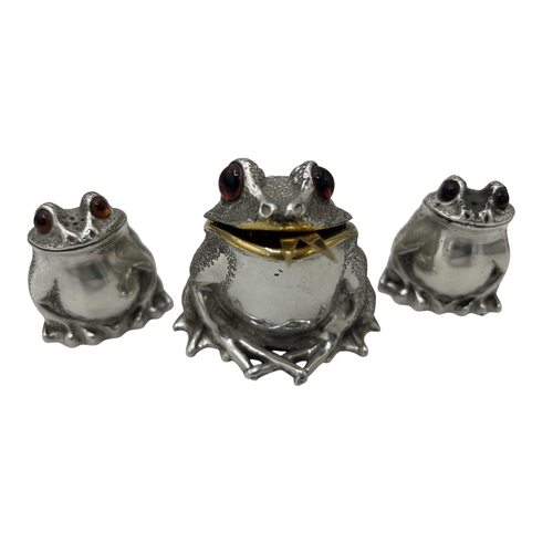 260 - A charming novelty silver frog three piece cruet, comprising salt, pepper, and mustard, the mustard ... 
