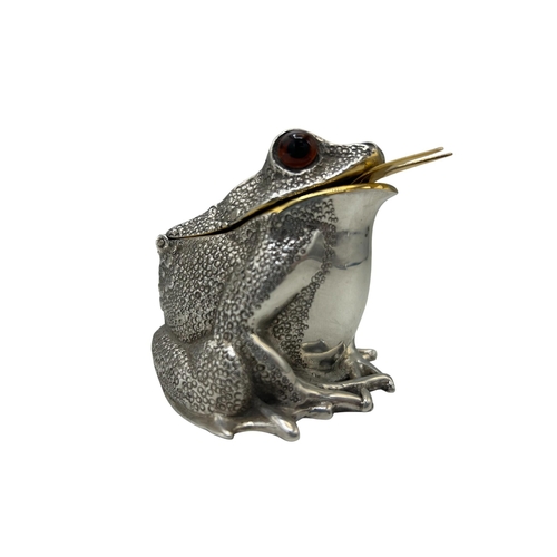 260 - A charming novelty silver frog three piece cruet, comprising salt, pepper, and mustard, the mustard ... 