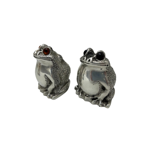 260 - A charming novelty silver frog three piece cruet, comprising salt, pepper, and mustard, the mustard ... 