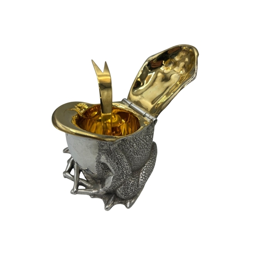 260 - A charming novelty silver frog three piece cruet, comprising salt, pepper, and mustard, the mustard ... 