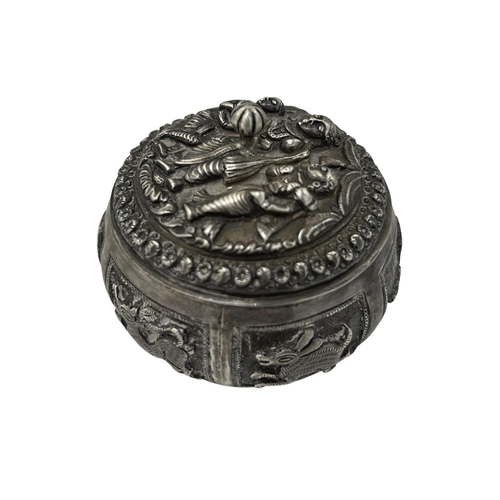 261 - Indian silver lidded dish in relief with figures and wildlife, 4oz approx, with silver pencil, two s... 