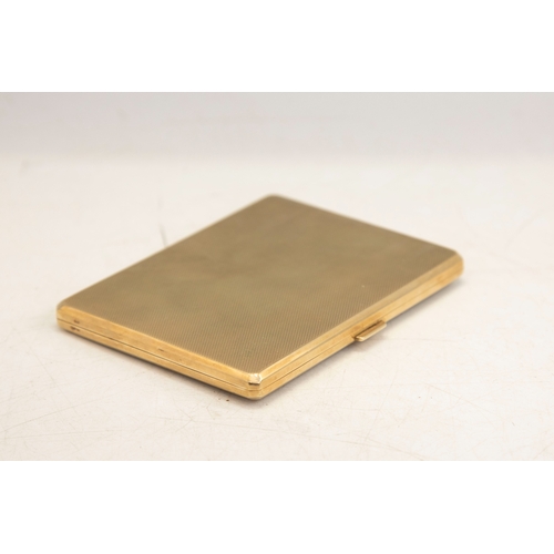 125 - A 9ct gold engine-turned rectangular cigarette case, with an internal inscription dated 1942 and hal... 