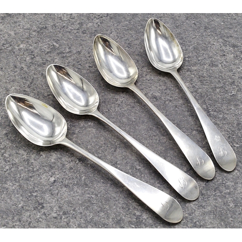 144 - A set of four George III Scottish pointed old English pattern table spoons, each later engraved with... 