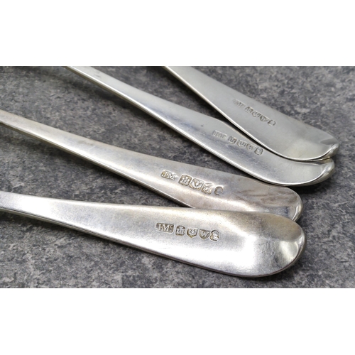 144 - A set of four George III Scottish pointed old English pattern table spoons, each later engraved with... 