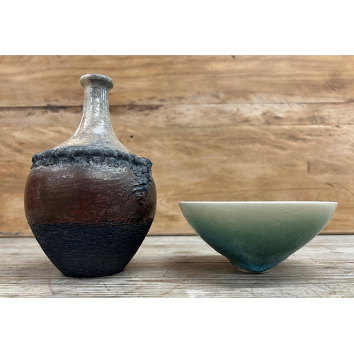 356 - Alan Spencer Green - Studio Pottery footed bowl with crackled turquoise glaze, signed and stamped to... 