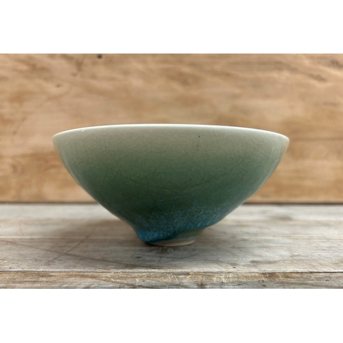 356 - Alan Spencer Green - Studio Pottery footed bowl with crackled turquoise glaze, signed and stamped to... 
