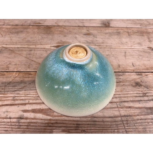 356 - Alan Spencer Green - Studio Pottery footed bowl with crackled turquoise glaze, signed and stamped to... 