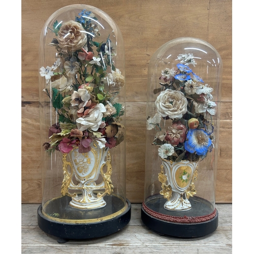 378 - Pair of antique French Globe De Maire floral displays held in glass dome, largest H 53cm