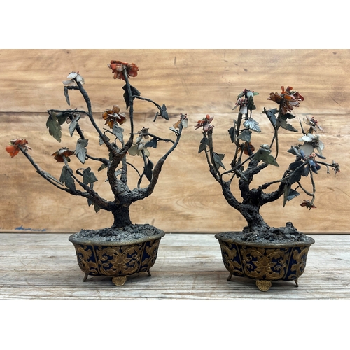 391 - Pair of Chinese cloisonne potted jade trees, H 28cm