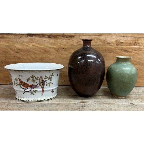 380 - Alan Spencer Green - a brown glazed studio pottery vase and a green crackled vase, largest 30cm, wit... 