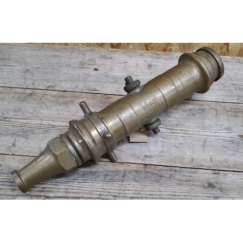 251 - A brass fire hose nozzle, with text 'The London Nozzle, Original Patentees John Morris & Sons Ltd Sa... 