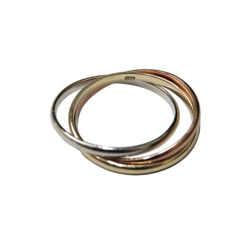 13 - A vintage tri-colour gold trilogy or 'Russian' wedding band, stamped '9ct', each band 2.3mm wide, si... 