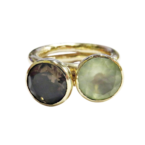 15 - Two handmade smokey-quartz or pale-green prehnite single stone 'stacking' dress rings, each cupola m... 