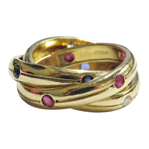 24 - Cartier, a vintage 18ct gold, ruby, sapphire and diamond 'Constellation' trilogy ring, import hallma... 