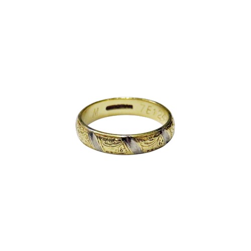 25 - A vintage 18ct bi-colour gold wedding band with floral engraved panels and white diagonal-band space... 