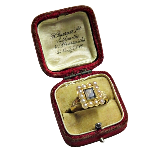 33 - An early 20th century gold and half-pearl mourning ring, the rectangular head with a central glazed ... 